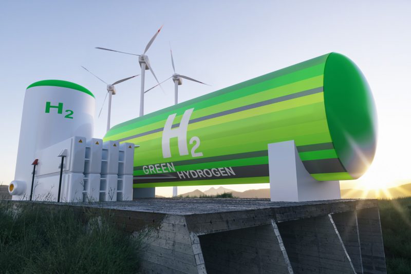 Green Hydrogen renewable energy production facility - green hydrogen gas for clean electricity solar and windturbine facility